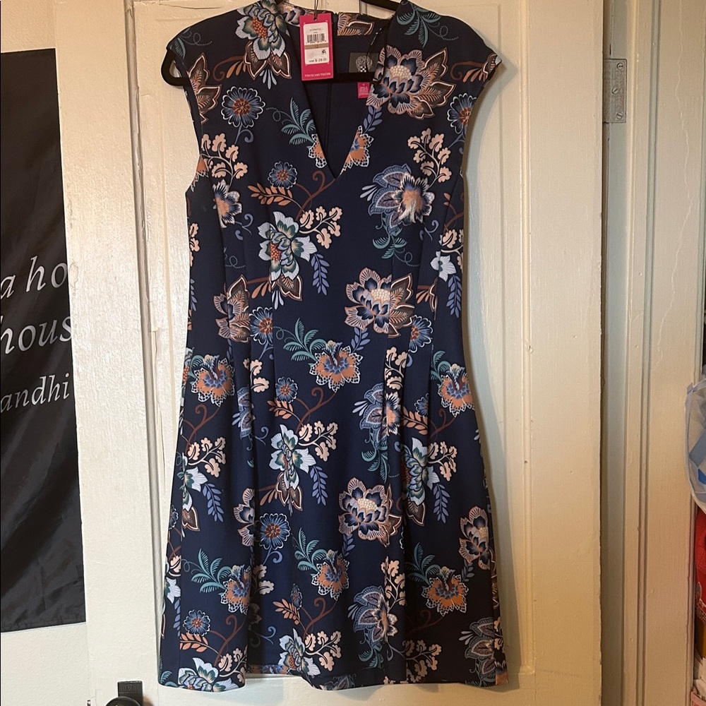 Vince Camuto Navy and Orange Patterned Dress